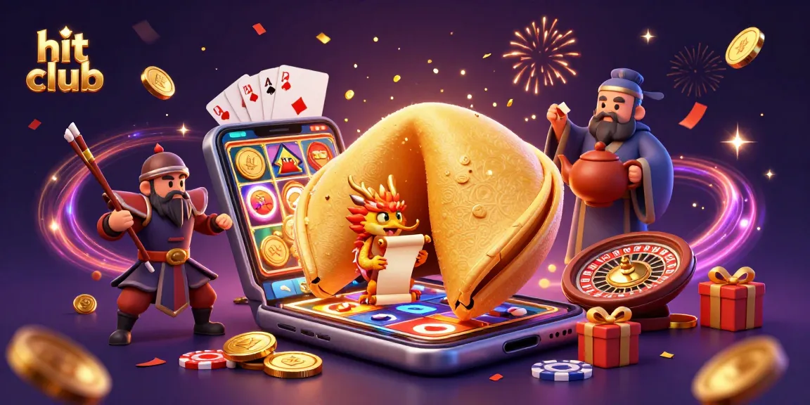 Spin luck at hit club with a festive scene of fortune cookies, dragons, and casino games.