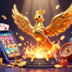 Join the excitement of bk8 with a golden phoenix symbolizing winning possibilities and vibrant game elements.