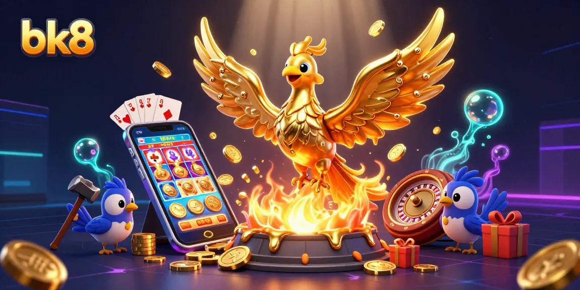 Join the excitement of bk8 with a golden phoenix symbolizing winning possibilities and vibrant game elements.
