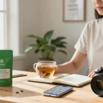 Engaging moment with lab-tested green maeng da kratom products and wellness tools in a serene home office.