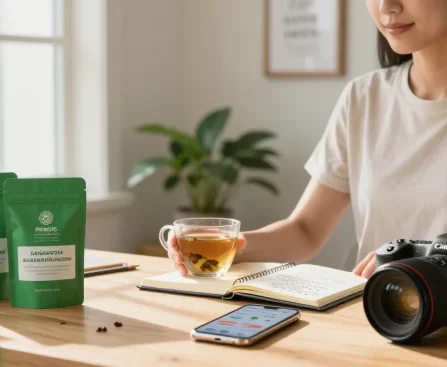 Engaging moment with lab-tested green maeng da kratom products and wellness tools in a serene home office.