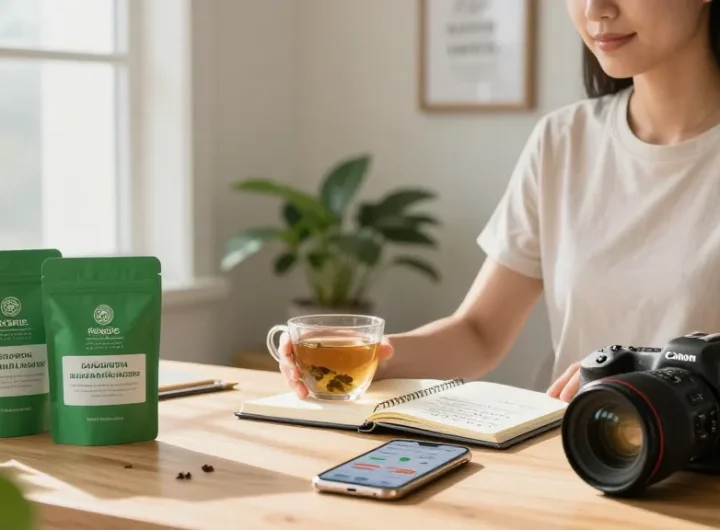 Engaging moment with lab-tested green maeng da kratom products and wellness tools in a serene home office.
