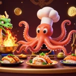Engage with ga179 in a lively casino scene featuring a dynamic sushi chef octopus and exciting gaming elements.