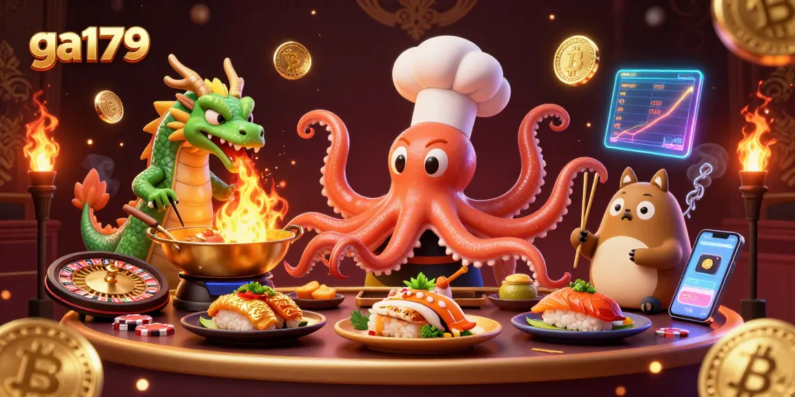 Engage with ga179 in a lively casino scene featuring a dynamic sushi chef octopus and exciting gaming elements.